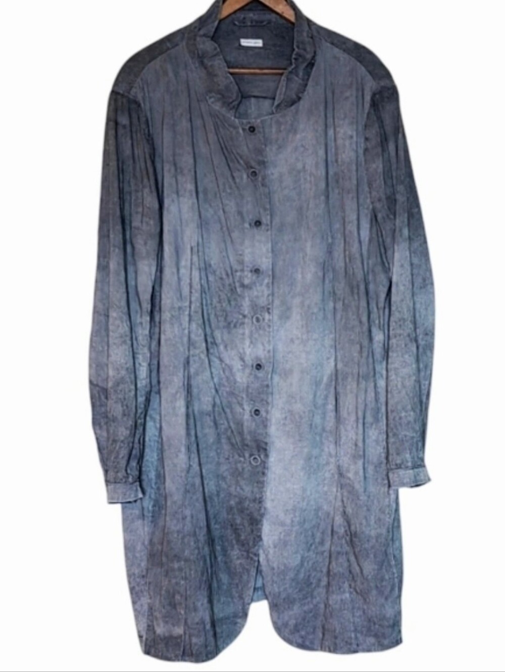 :42: Annette Gortz Grey Linen Blend Full Length Coat Ruffled Collar.